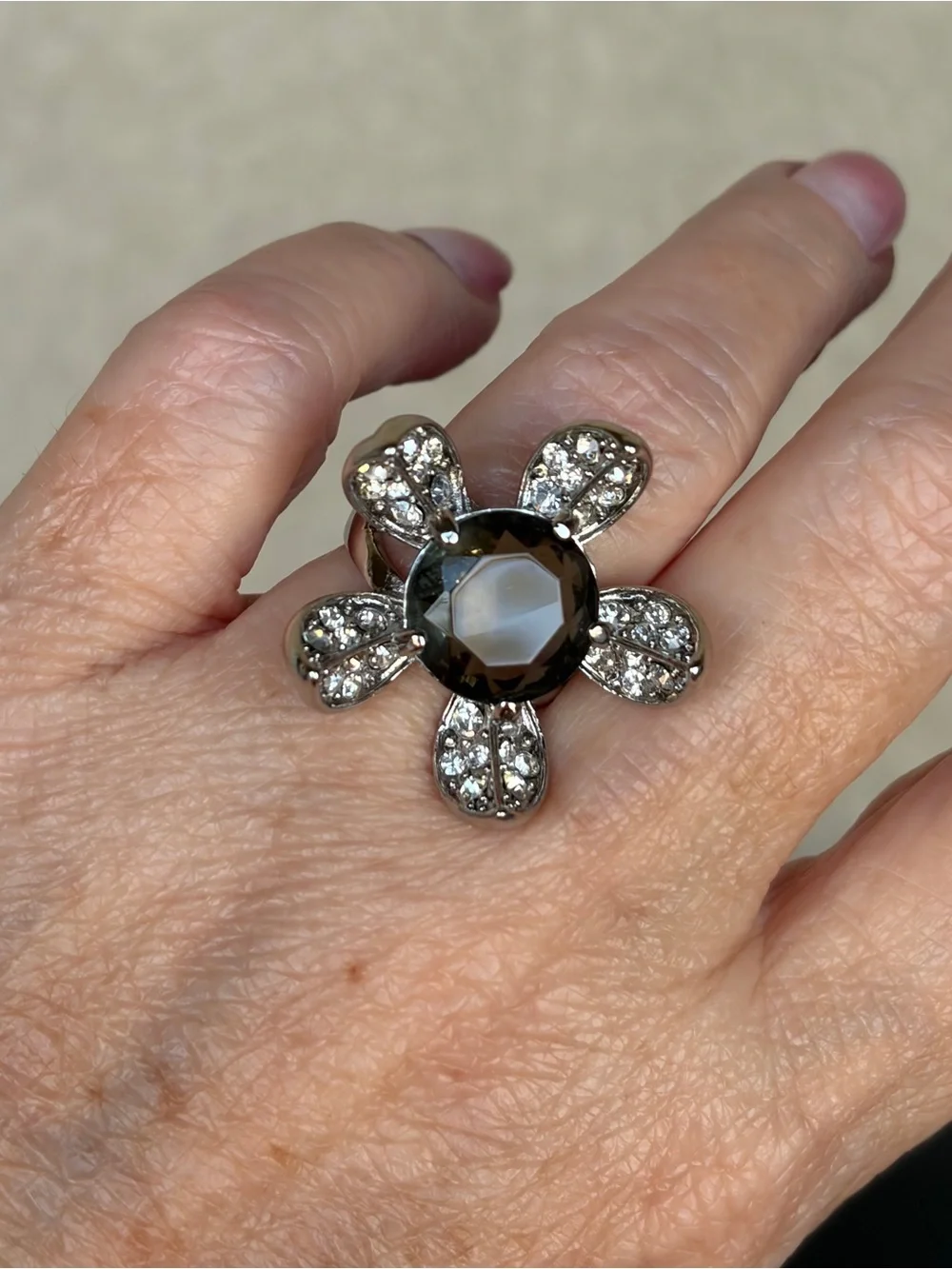 Camille Lucie Silver Flower Cocktail Ring with Smoky Crystal Center